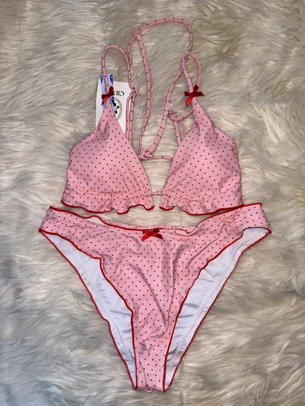 CIDER Pink Polka Dot Ruffle Triangle Bikini Large NWT COQUETTE GIRLY FEMININE - Image 3