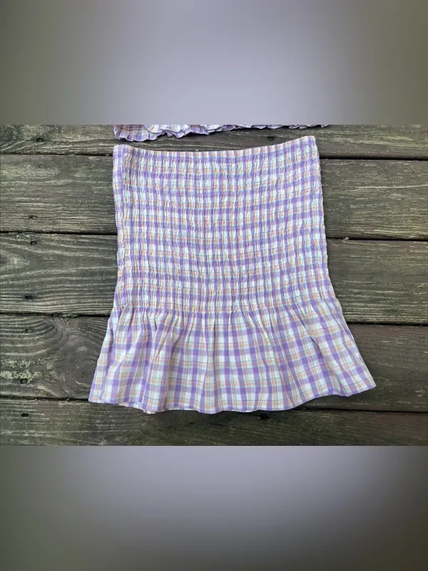 Timing Women’s Smocked Lilac Plaid/Gingham Babydoll Skirt & Top Matching Set|LRG - Image 11