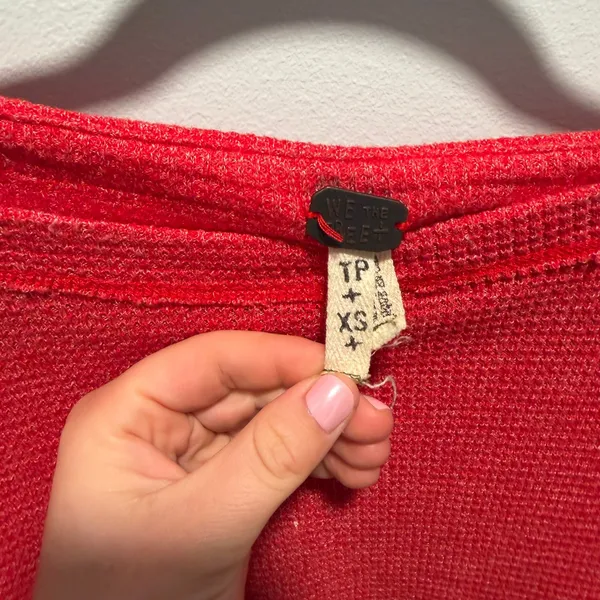 Free People We The Free Waffle Knit Top Red XS Boho Patchwork Sleeve Casual - Image 3
