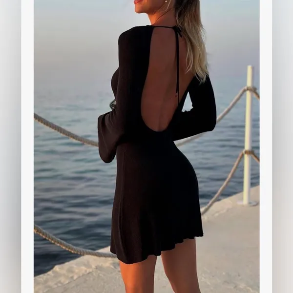 NEW Black Flared Sleeve Backless Cocktail Tie Back Lightweight Dress S - Image 6