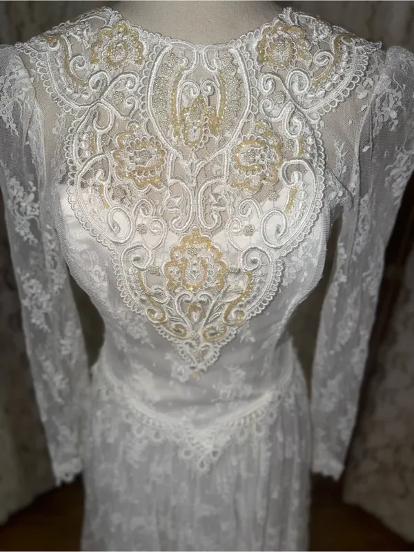Fabulous Vintage 90s Jessica McClintock Handkerchief Hem Lace Wedding Dress - Image 6