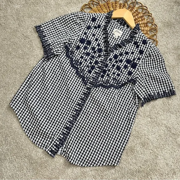 J.Crew Embroidered Indigo Crinkled Gingham Short Sleeve Navy White Top Cotton XS - Image 4