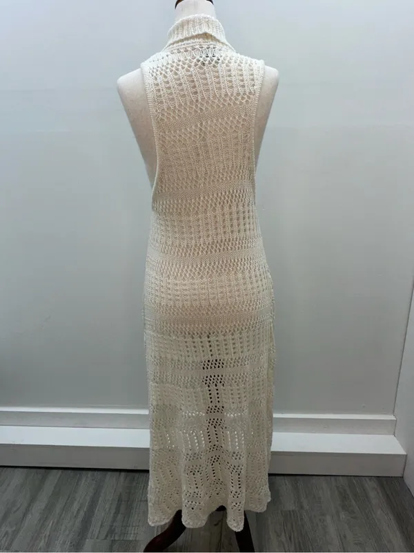 ARIAT Cream Crochet Knit Duster Vest Long Open Front Sleeveless Cardigan L Boho - Image 3