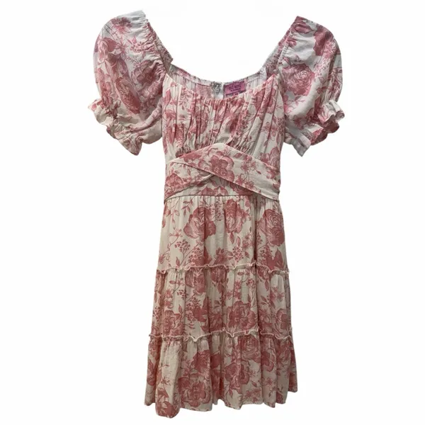 Francesca’s Mi Ami Toile Floral Puff Sleeve Tiered Mini Dress Pink + White XS - Image 4