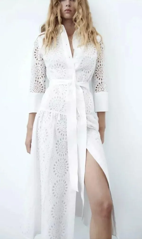 ZARA white lace long sleeve maxi dress with waist belt boho summer vacation - Image 11