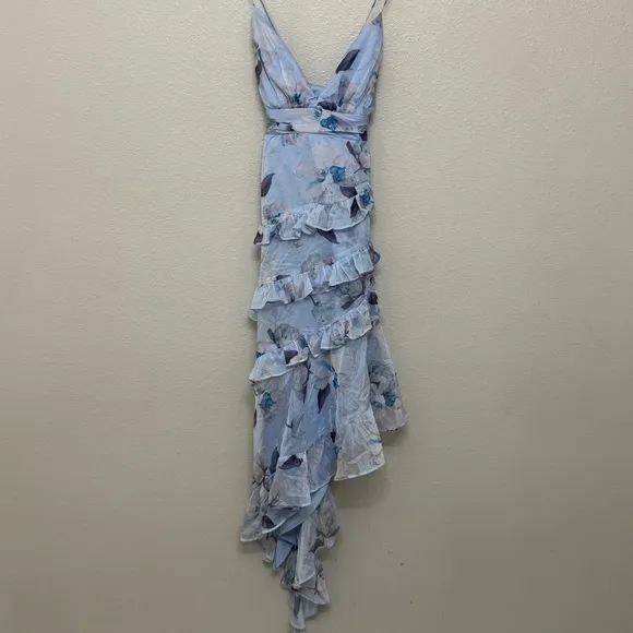 NEW Lulus Saveria Light Blue Floral Ruffle Asymmetrical Maxi Dress XS Party - Image 6