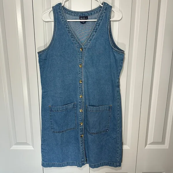 Vintage Blue J. Denim Mini Dress L Western Boho Blue 90s Button Front Sleeveless - Image 2