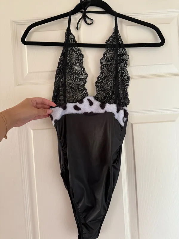 Yandy Cow Print Lace Halter Bodysuit - Image 3