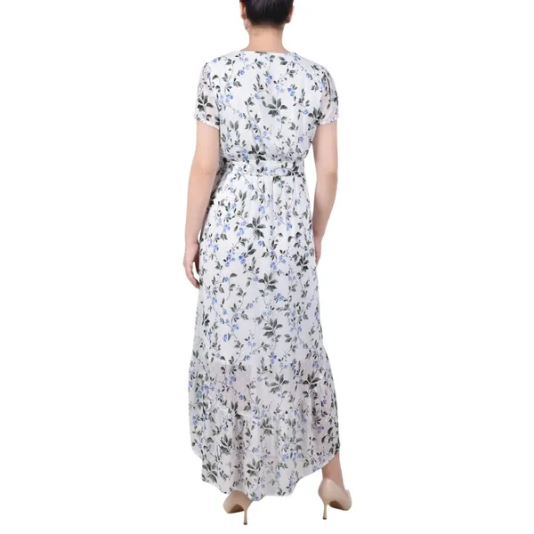 NWT Ny Collection Petite Short Sleeve High Low Hem Chiffon Dress Blue Floral PL - Image 2