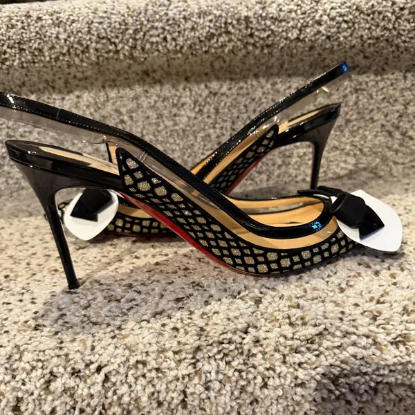Christian Louboutin Suspenodo Glitter Flocked Patent PVC Sling 85 Pumps, size 38 - Image 7