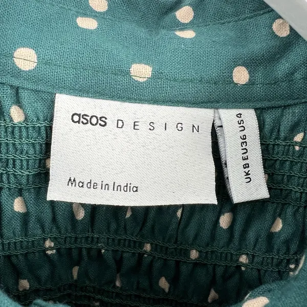 ASOS Smocked Polka Dot‎ Green Mini Dress Long Sleeves Collared Button Size 4 - Image 8