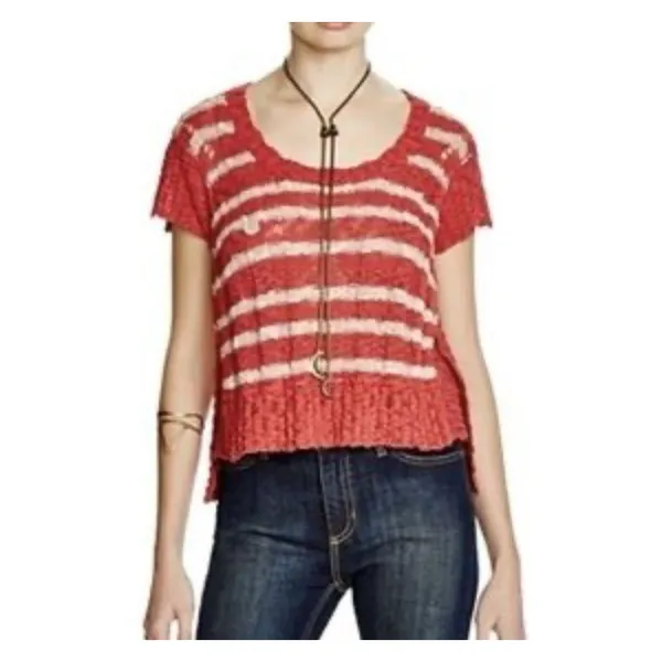 Free People Sweater Womens S Orange White Striped Crop Boxy Cap Sleeve‎ Beachy - Image 9
