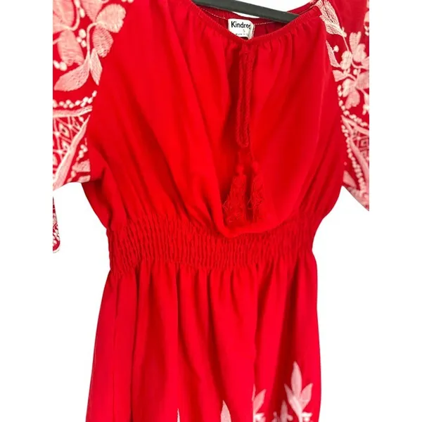 Kindred Anthropologie Dress Small‎ Red Embroidery Tassel Peasant Boho Scallop - Image 4