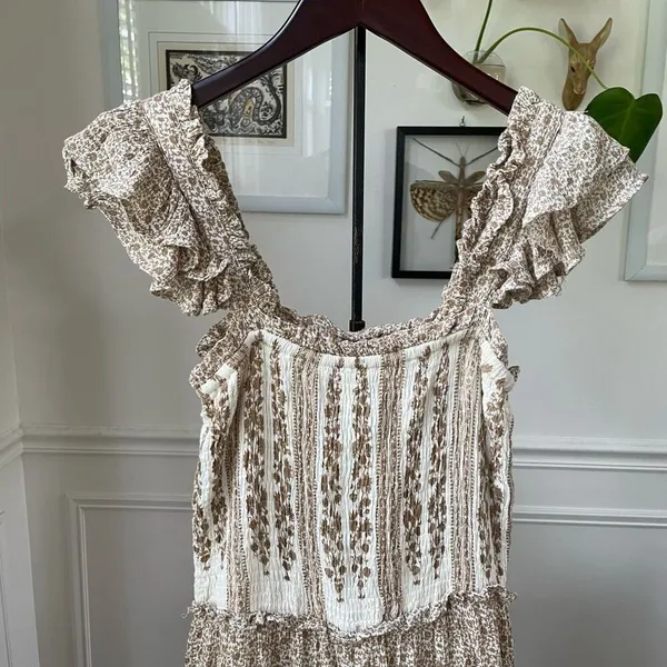 Sim & Sam Smocked Top Jumpsuit Natural Ivory Calico S - Image 3