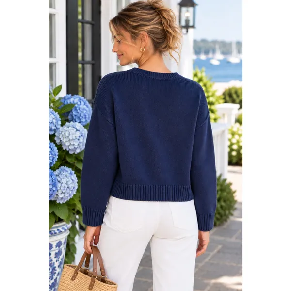 CAROLINE CONSTAS Navy Blue Cotton Cropped Cardigan Sweater Quiet Luxury Medium - Image 6