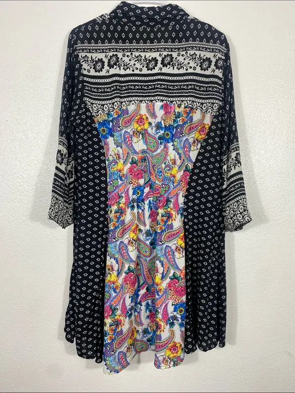 Anthropologie by Cyrena Boho Purple Printed Button-Front Mini Shirt Dress Size L - Image 7