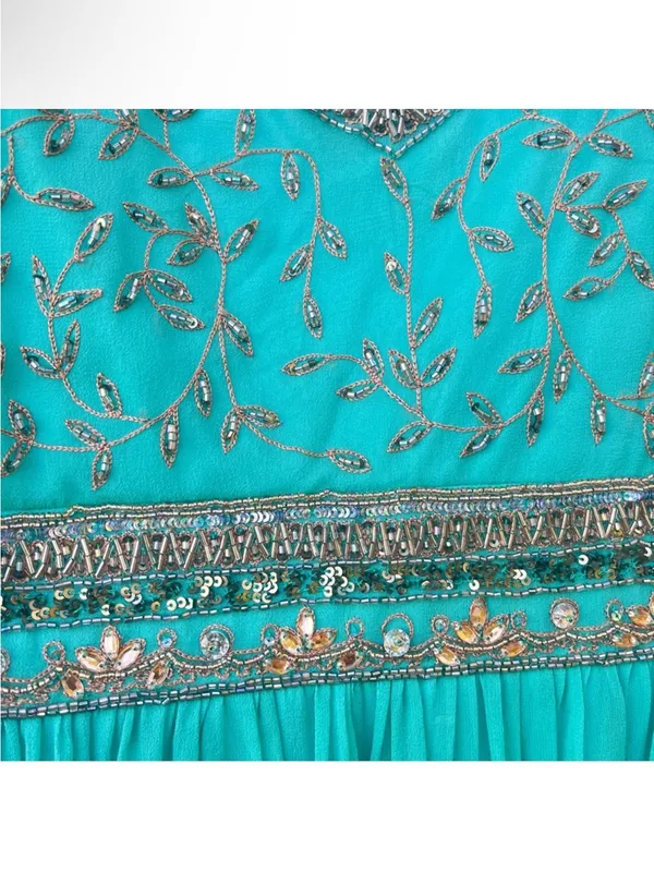 Vintage Stenay Green Gold Beaded Silk Fit & Flare Pleated Midi Dress Size 14 - Image 11
