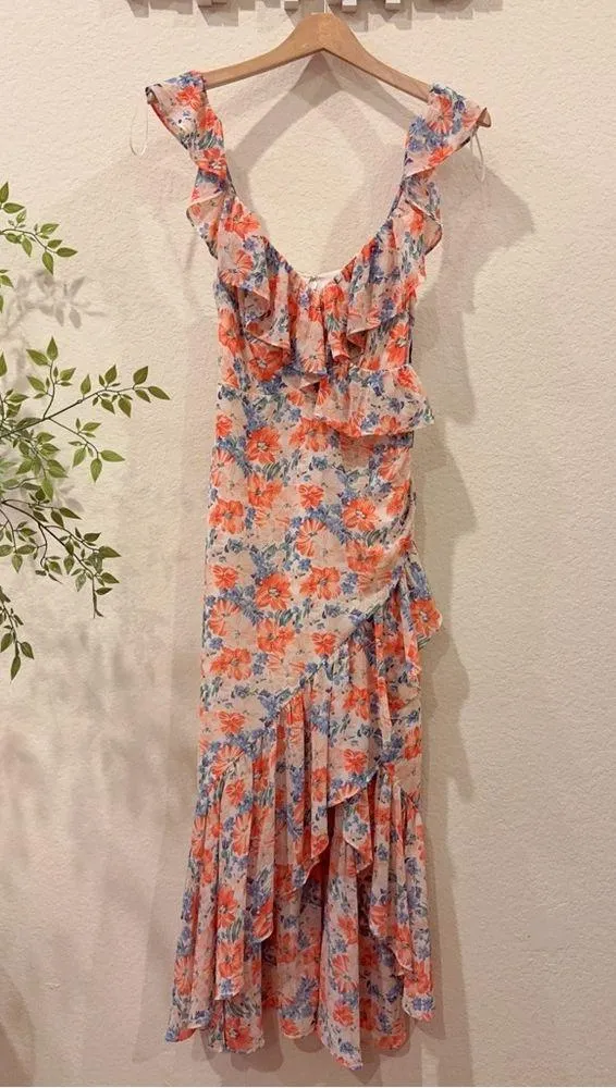 ASTR Mahalia High Low Midi Dress in Blue Orange Floral Size Small NWT - Image 2