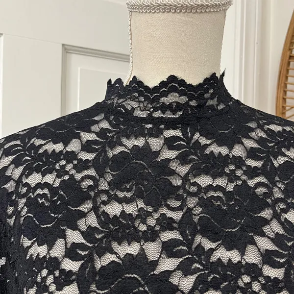 Black Lace High Neck Blouse L Sheer Floral Dark Academia Romantic Victorian Goth - Image 5