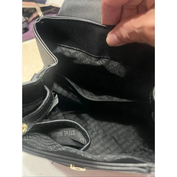 Steve Madden Backpack With Top Handle Purse Faux Leather Black Cream - Image 7