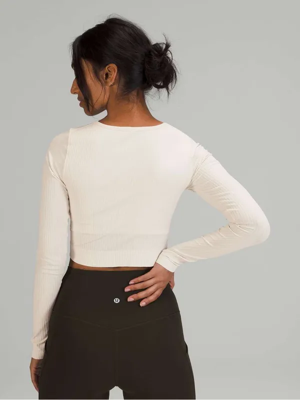 Lululemon ebb to street Women's Long-Sleeve White Ribbed Crop Top - Image 3