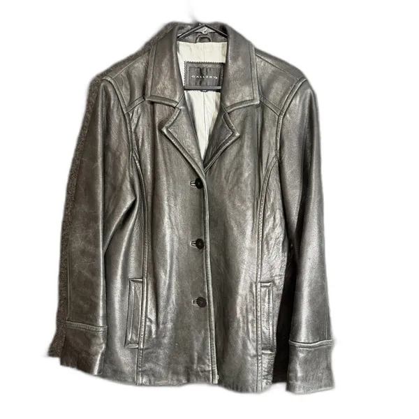 Gallery Womens Size Large Black Genuine Leather Jacket Button Front Blazer - Image 2