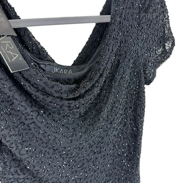 Jkara NWT Black‎ Beaded Drape Neck Cap Short Sleeve Lined Blouse Size S Black - Image 3