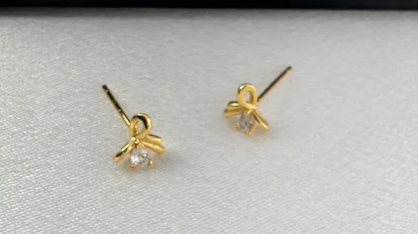 Small CZ Bow Stud Earrings for Women Gold - Image 2