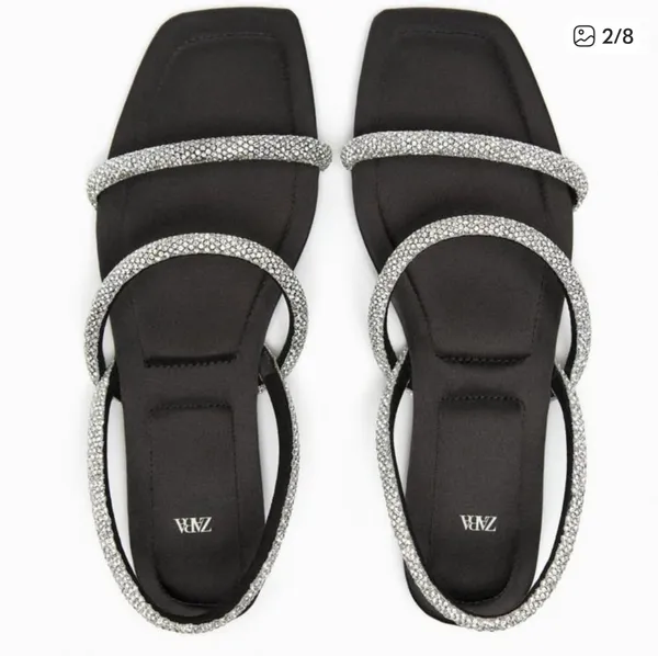 Zara RHINESTONE FLAT SANDALS size 39 Black Color - Image 3