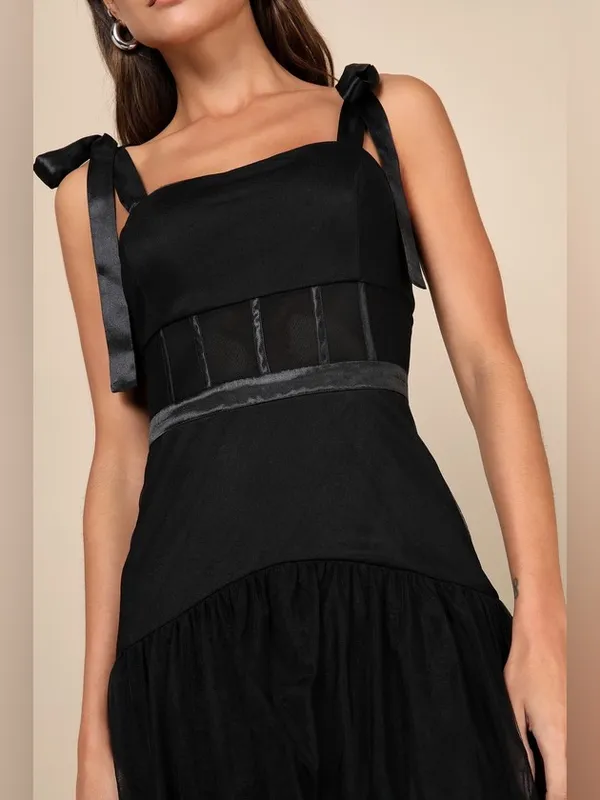 Lulus Enticing Mystique Black Tulle Tie-Strap Tiered Maxi Dress Size Small NWT - Image 3