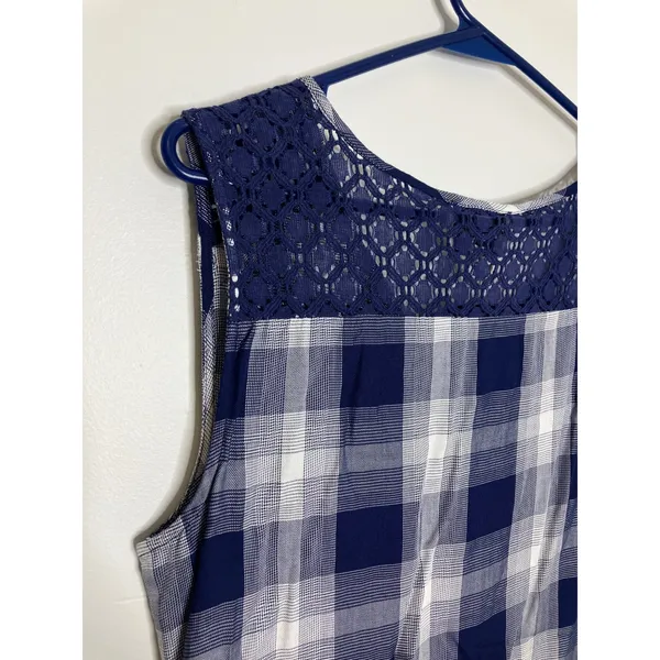 Wrangler Plaid Top Women Medium Blue NWT Crochet Lace Tie Front Sleeveless - Image 7