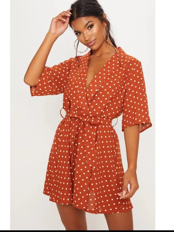 PrettyLittleThing Rust Polka Dot Wrap Mini Dress - Image 2