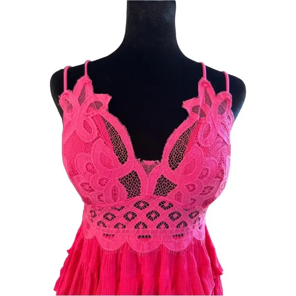 Zenana Hot Pink Lace Ruffle Peplum Cami Top Smocked Back Large Festival Rave Clubwear L - Image 3