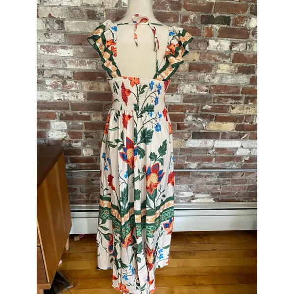 SHEIN Tropical Floral Maxi Dress XS Ruffle V-Neck Open Back Tie Sundress - Image 5
