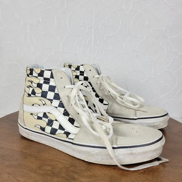Vans Unisex Sk8 Hi Womens 9.5 Skate Cream Suede Checker‎ Flame Classic Sneaker - Image 3