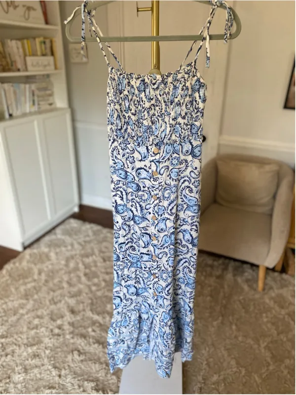 Zara Paisley Linen Smocked Boho Maxi Dress XS Coastal Nautical Breezy Italy Chic - Image 2