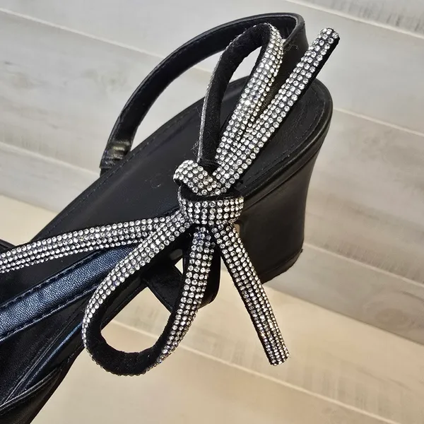 {11} Coutgo Rhinestone Slingback Chunky Heel Pointes Toe Black - Image 11