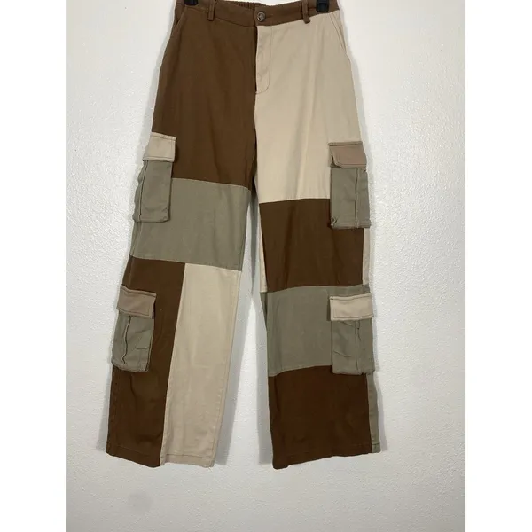 Hot & Delicious Patchwork Cargo Pants Brown Beige Olive Cotton Relaxed Women's M - Image 6