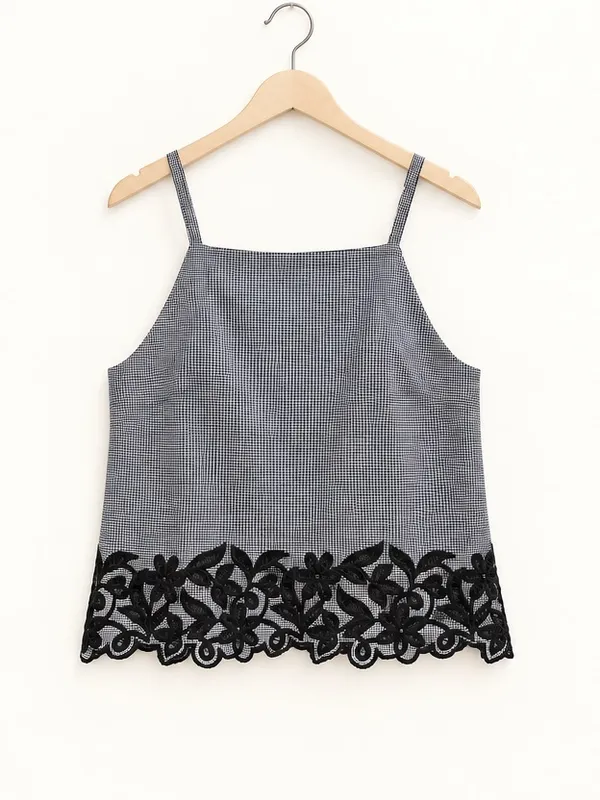 J.Crew Black & White Micro Gingham Floral Embroidered 100% Cotton Poplin Top 00 - Image 6