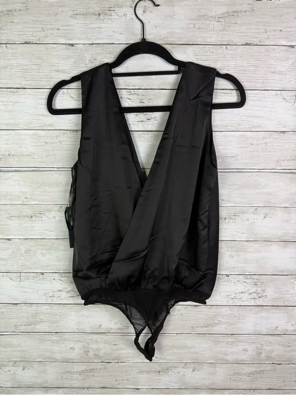 Lulus Prize Winning Black Satin Faux Wrap Bodysuit Size Small - Image 5