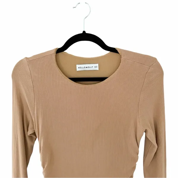 HELLO MOLLY Ribbed Knit Bodycon Ruched Tan Brown Midi Dress Sz M - Image 5