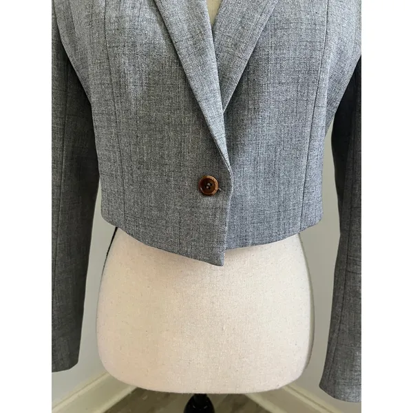 Cropped Blazer Heather Grey Medium One Button Office Chic Business Casual Preppy - Image 3