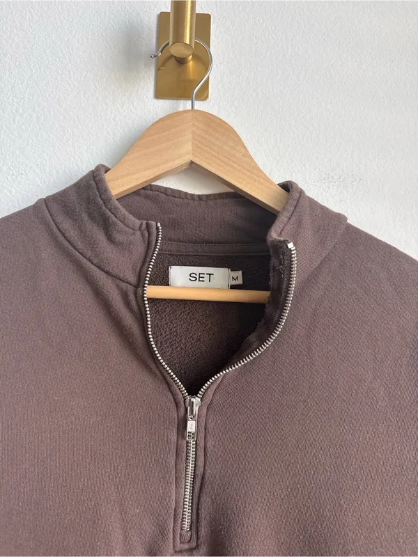 Set Active Chocolate Brown Half Zip Sweatshirt Womens Medium 100% Cotton Pullover - Image 4