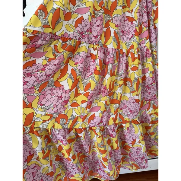THML Smocked Midi Dress Tropical Floral Tiered Tie Straps Size Large Orange - Image 4