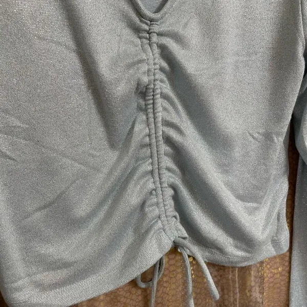 Wild Fable Women’s XL Metallic Silver V Neck Tie Long Sleeve‎ Top Shirt Stretch - Image 3