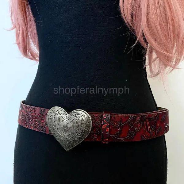 Burgundy Red Western Floral Heart Buckle Belt, Fits 33.5-43.5 Inches, X7GA1324 - Image 3
