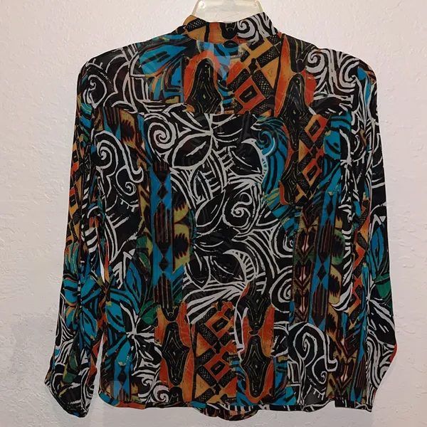 Chicos Womens Abstract 100% Silk Blouse Size 2/Large Multicolored Sheer Picasso - Image 7