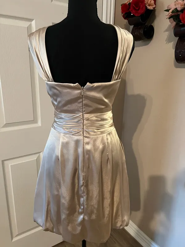Gold beige cocktail evening wedding guest dress - Image 4