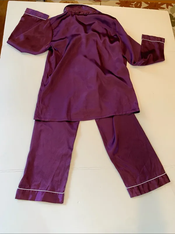 Women’s Small Purple Satin Button Front Long Sleeve Top and Pants Pajama Set - Image 2