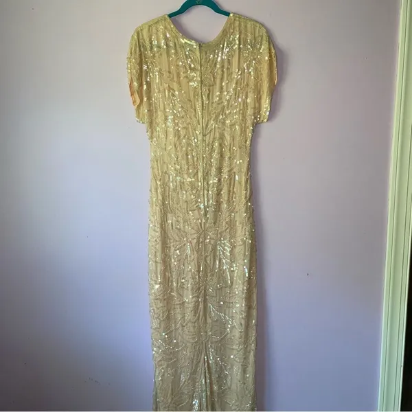 Vintage Size M Pastel Peach Silk Sequin Ball Gown Formal Dress Modest Hoco Prom - Image 7